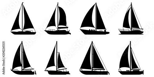 Black sailboat silhouette bundle featuring sailing vessels and yachts with clean vector style isolated for maritime themes, coastal graphics, travel concepts and decorative artwork