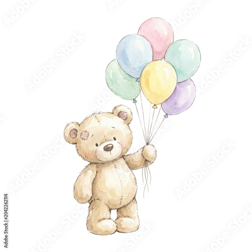 Cute Watercolor Teddy Bear Holding Pastel Balloons Isolated on White