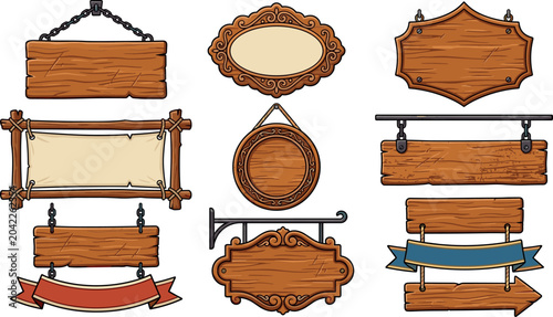 Photos Vintage blank wooden sign collection with hanging boards metal chains ornate fra