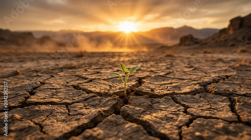 Young green sprout growing from cracked desert soil during a dramatic sunset, symbolizing resilience, sustainable development, environmental restoration, climate change awareness, perseverance, and ho