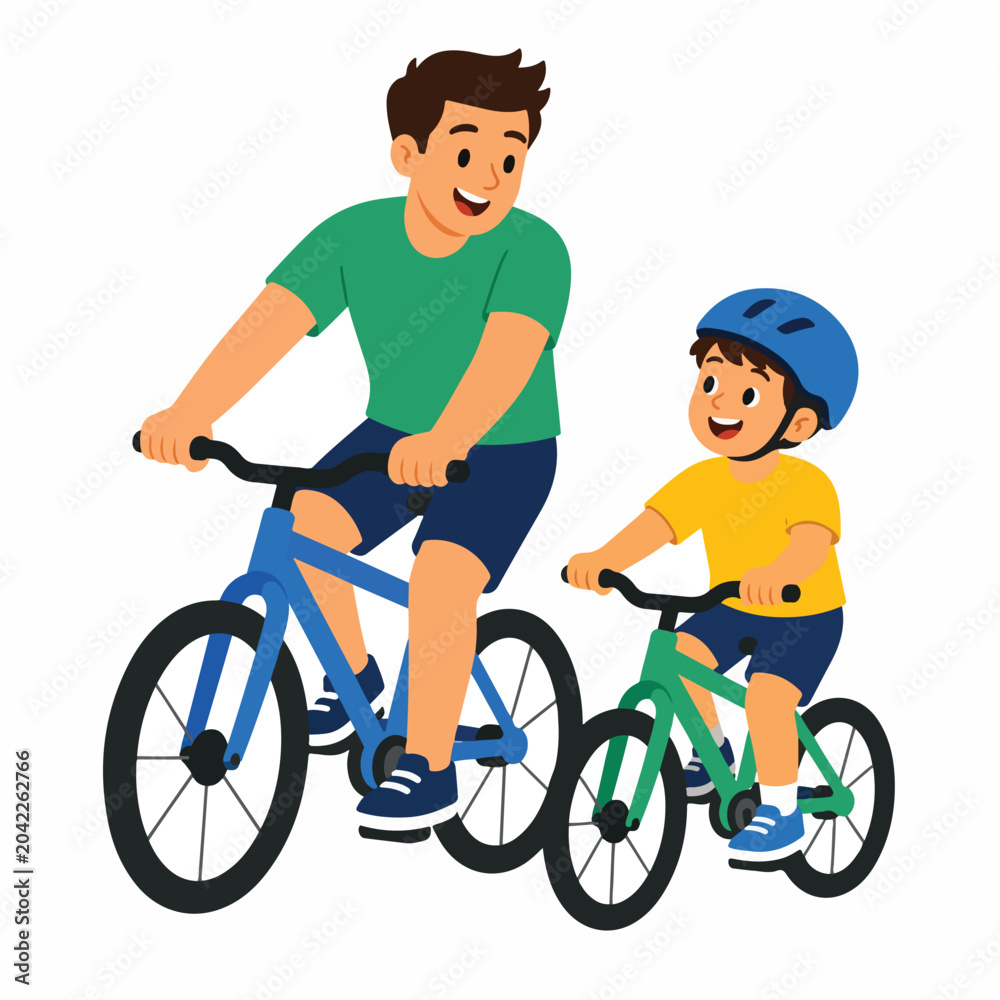 Naklejka premium Happy Father and Son Riding Bicycles Together Vector Illustration