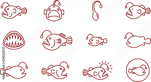Bild auf Leinwand Anglerfish marine creatures deep sea life unusual fish predatory mouth teeth bioluminescent lure stylized line art