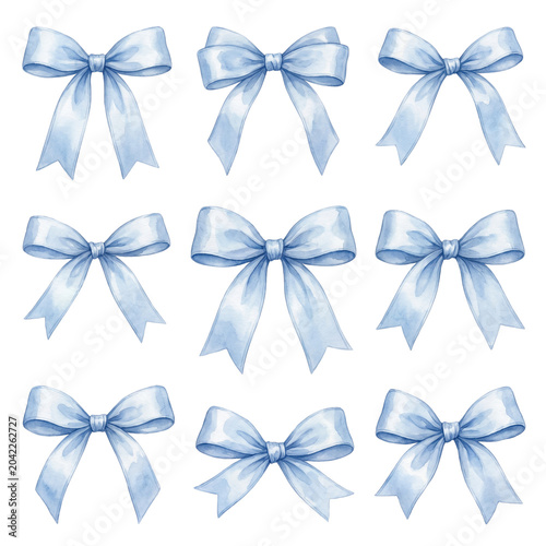 Elegant Soft Blue Watercolor Bows and Ribbons Isolated on White