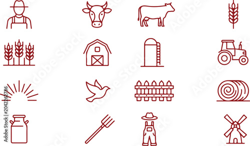 Bild auf Leinwand Farming icons farmer cow barn tractor wheat hay bale pitchfork windmill rural agriculture symbols set