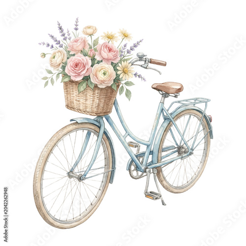 Watercolor Vintage Blue Bicycle with Pink Roses Isolated on White