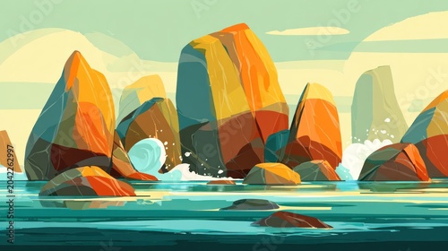 Colorful abstract rock formations rise dramatically from turquoise water under a pale sky
