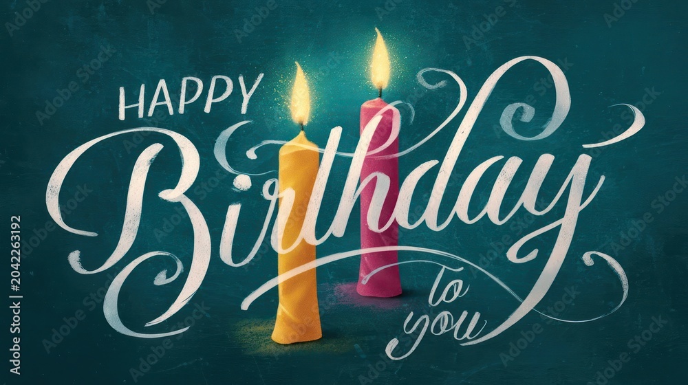 Fototapeta premium Elegant happy birthday greeting card with lit candles and swirling calligraphy on a dark teal background