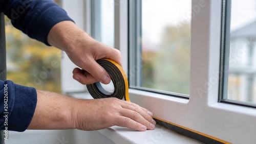 Applying weatherstrip tape to windows home improvement diy project indoor setting close-up view home maintenance tips for energy efficiency and comfort