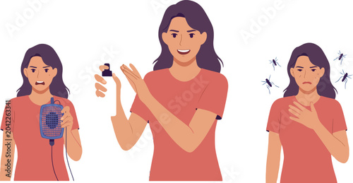 Foto Character collection featuring a girl holding pest control products and reacting
