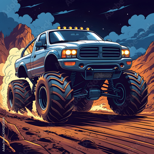 Monster ride truck illustration with angry cartoon car offload vector design