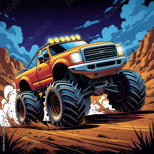 Monster ride truck illustration with angry cartoon car offload vector design