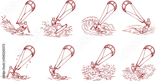 Fotografie Kitesurfing action, dynamic poses on water with splashing waves, extreme water sport, active lifestyle, vector line art