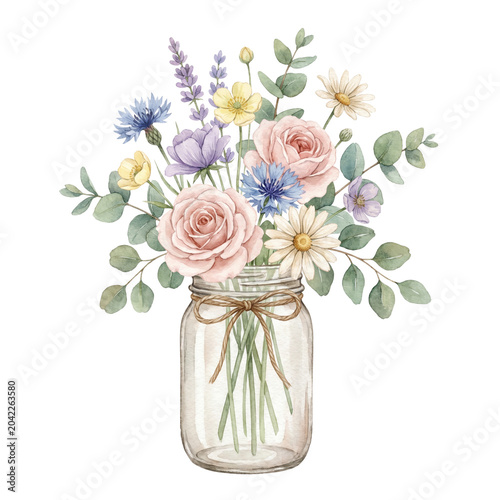 Watercolor Rustic Mason Jar with Pastel Wildflowers Isolated on White