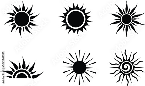 Cuadro en lienzo Minimalist sunburst icons set, black sunrise and sunset vector silhouettes, 6 ri