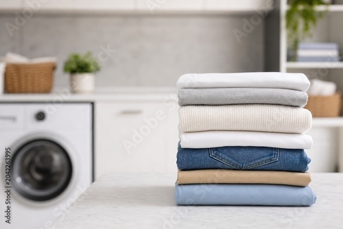 Foto Organizing clean laundry piles in modern laundry room stylish home environment h