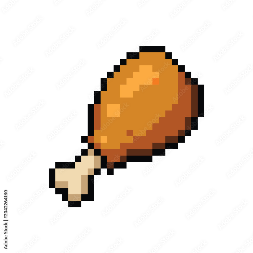 Fototapeta premium Pixel art fried chicken leg vector illustration isolated on white