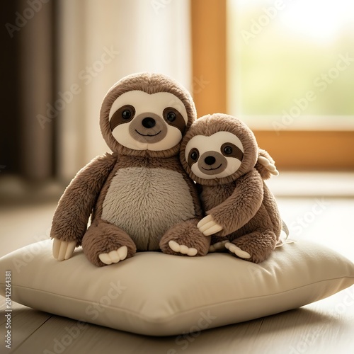 Two fuzzy sloth plushies sit close together on a soft pillow