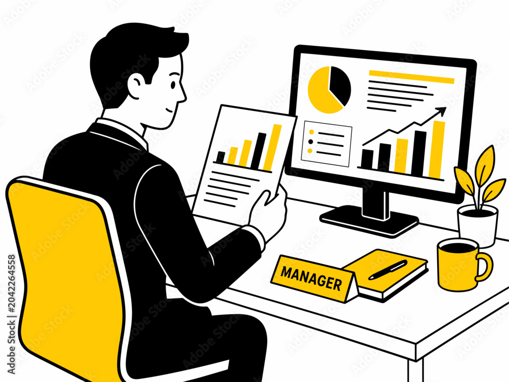 Fototapeta premium Business Analyst Reviewing Financial Charts on Desktop Computer at Office Desk, Flat Vector Illustration