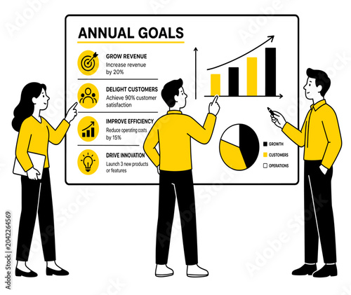 Business Team Analyzing Annual Goals Charts and Growth Metrics in Office Presentation Flat Illustration