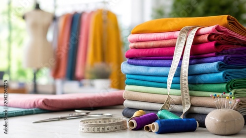 Fotografija Creative sewing event featuring colorful fabrics and threads in a bright studio