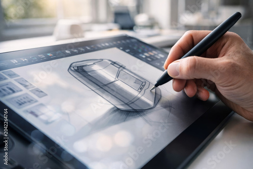 Designer sketching modern product concept on digital tablet screen