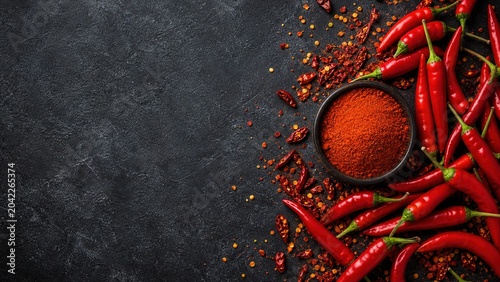Fotografía Vibrant red chili peppers and spicy paprika in a dark kitchen setting food photo
