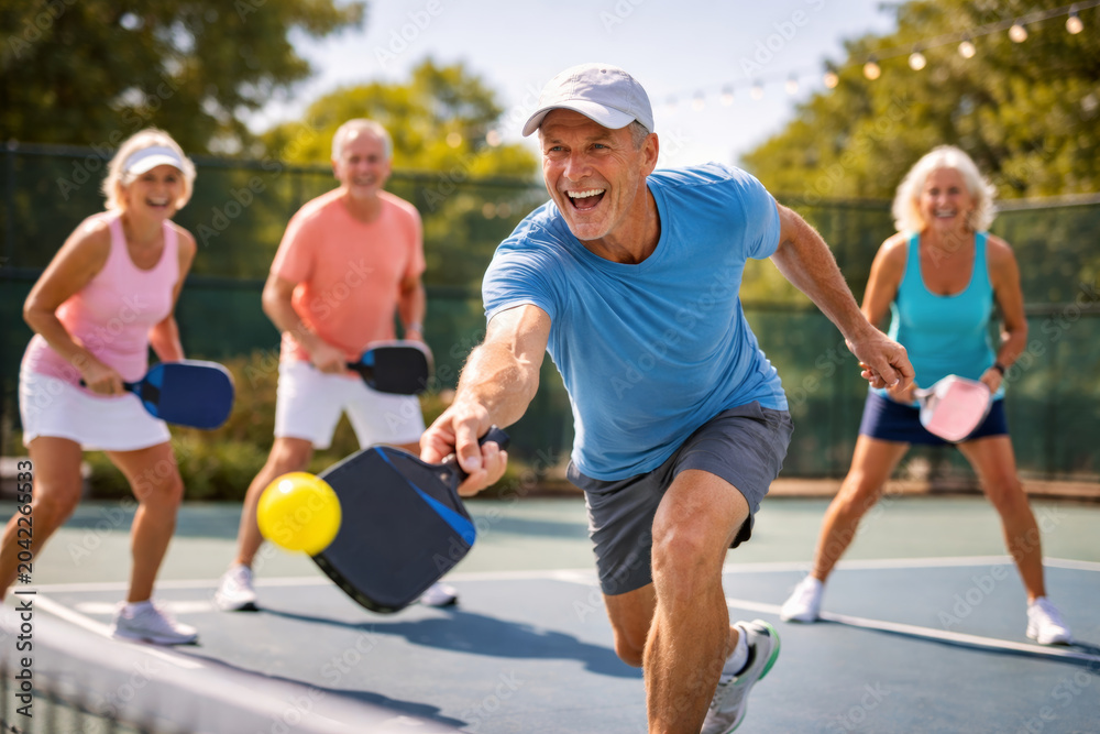 Naklejka premium Group of seniors enjoying a fun game of pickleball outdoors