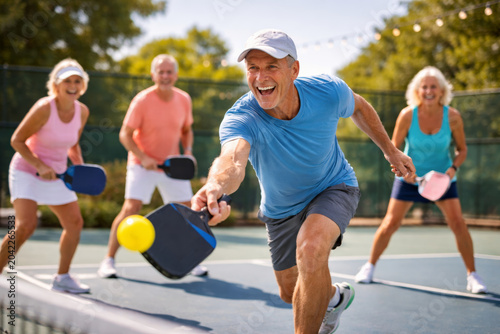 Group of seniors enjoying a fun game of pickleball outdoors