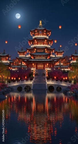 Traditional tiered pagoda illuminated by lanterns over water at night