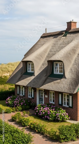 Traditional thatched-roof cottage with dormer windows and blooming flowers