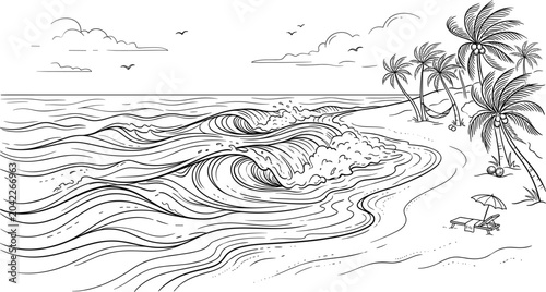 Obraz na płótnie Tropical beach line art illustration with ocean waves, palm trees, hammock, deck