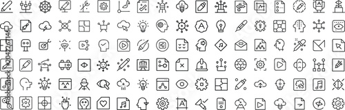 Photos A large collection of thin line icons for various concepts and topics, neatly arranged on a white background