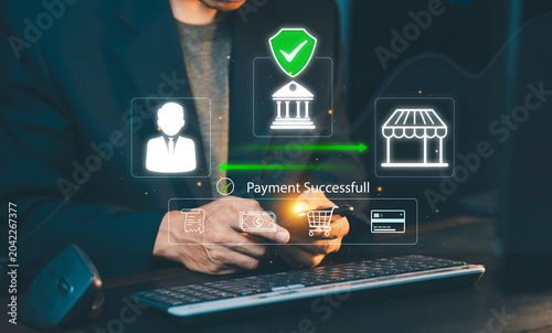 Close up of businessman holding smartphone showing successful payment notification with retail store and bank icons. E-commerce concept.