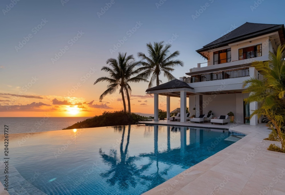 Fototapeta premium Luxury infinity pool merging with the ocean at sunset