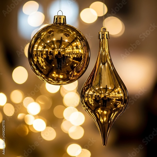 Two gleaming gold Christmas ornaments suspended against a softly blurred background