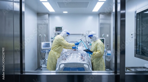 Medical team in PPE treating isolated patient inside negative pressure ICU room