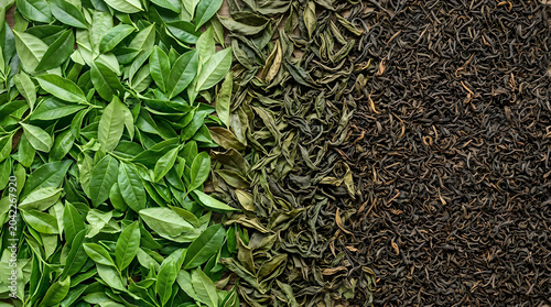 tea leaves fermentation process. tea leaves background. green tea background. fermentation of tea leaves. drying tea leaves. fresh and dry tea leaves. Tea leaves assortment