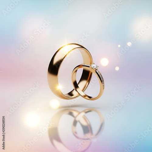 Two gleaming gold rings, one diamond-studded, float against a soft, blurred bokeh background