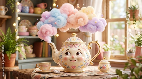 Enchanting ceramic teapot character with a cheerful face emitting whimsical pastel colored clouds and floating stars 