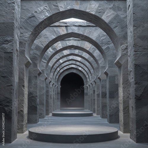 Empty stone corridor with product display platform