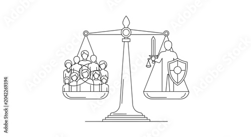 Foto Scales of Justice: Group vs Individual Warrior with Sword and Shield