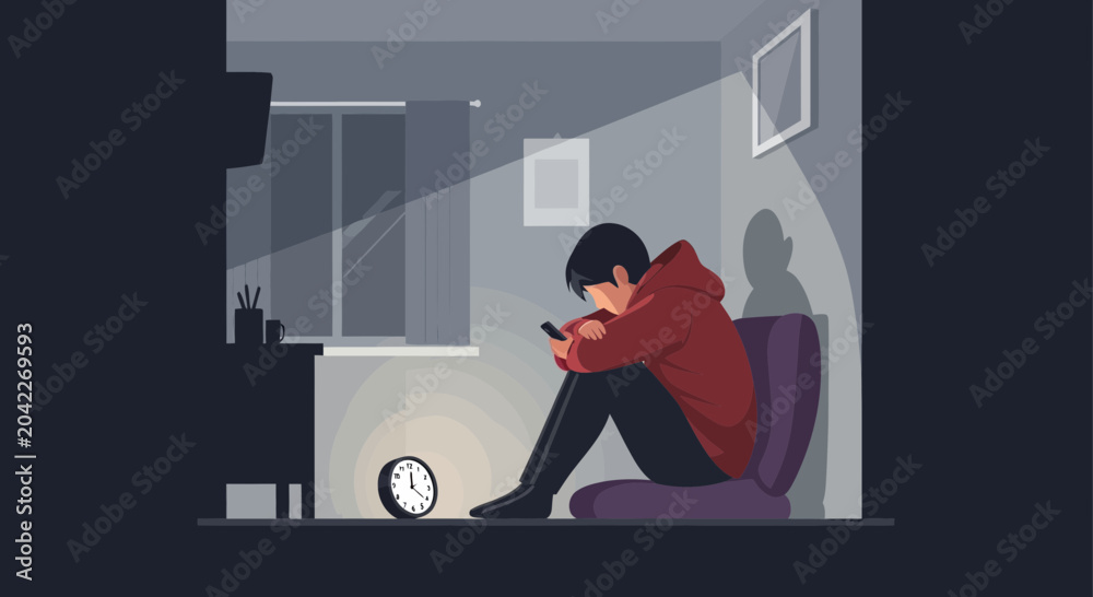 Fototapeta premium Lonely Person Stares At Phone In A Dimly Lit Room While Waiting For Somethings To Happen