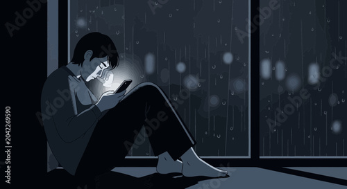 Lonely Person Silhouetted Against a Rainy Window Engaged in Smart Phone Use