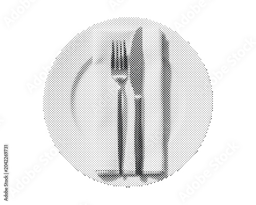 Obraz na płótnie Retro halftone dining table setting with fork and knife wrapped in napkin isolat