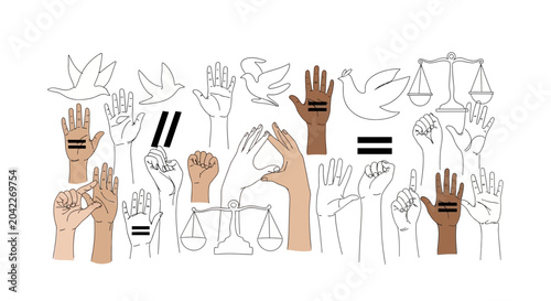 Bild auf Leinwand Diverse Hands Equality Justice Peace Symbols, Human Rights Advocacy and Social J