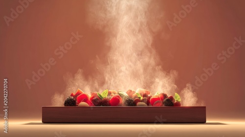 Warm, freshly prepared fresh berries emit steam rising dramatically against a muted background