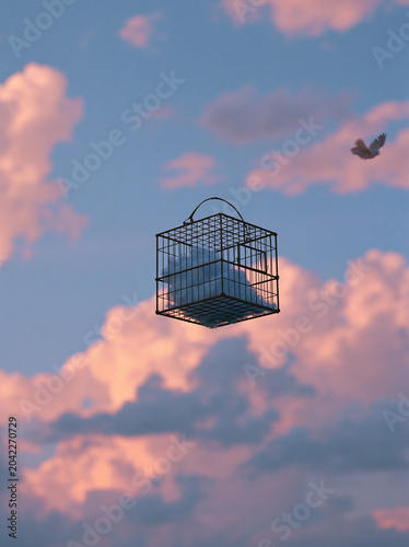 Floating empty cage suspended among soft clouds
