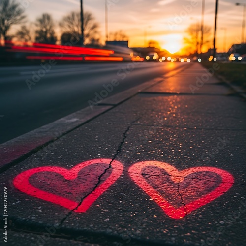 Two glowing red hearts illuminated on a cracked sidewalk during a warm sunset with traffic blur