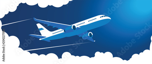 Airplane in the sky flying between the clouds. Vector background with plane, sky and clouds for banner, poster, website header, landing page 