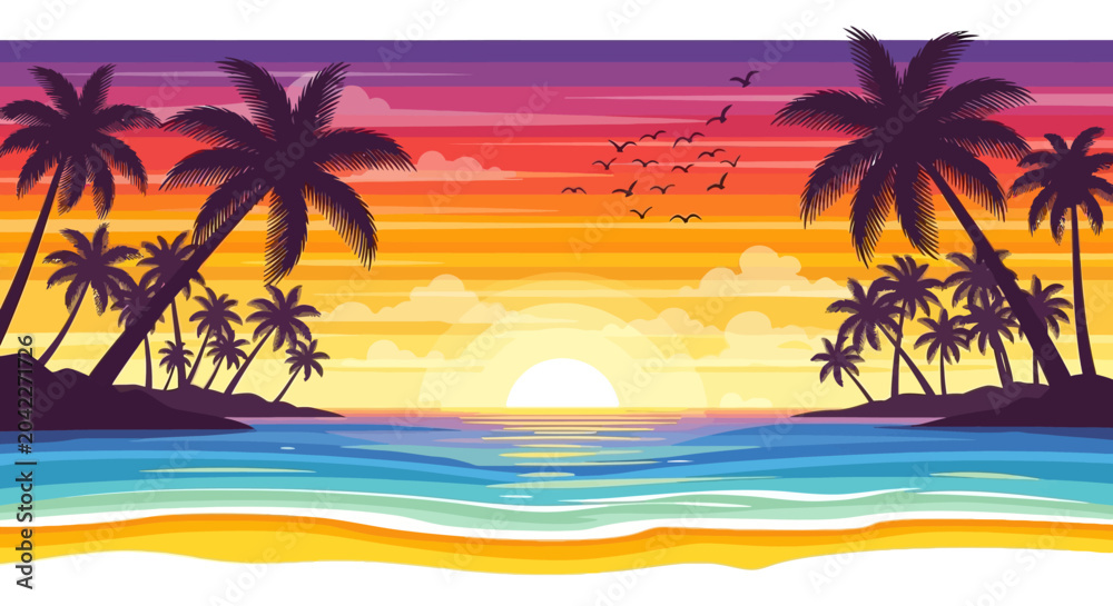 Fototapeta premium Tropical beach sunset with palm trees silhouettes and ocean waves.